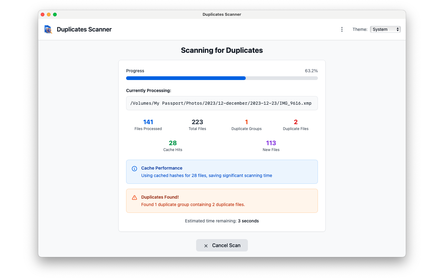 Duplicates Scanner desktop app interface showing intelligent file scanning, duplicate detection results, and safe file removal options